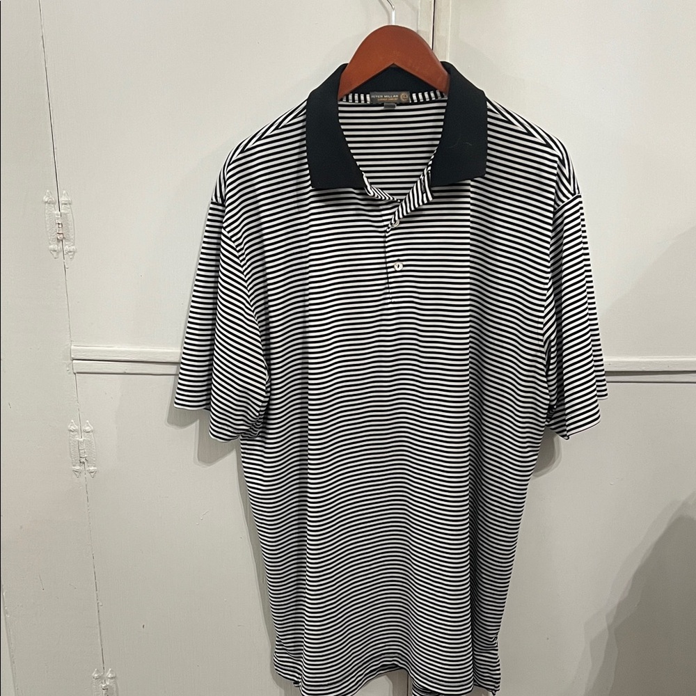 Peter Millar Black & White Striped Polo with Black Contrast Collar
